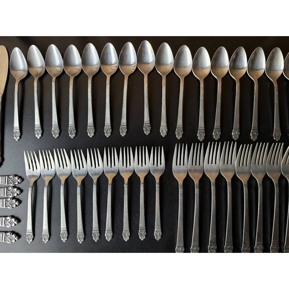 Vintage 53 piece Rogers Stainless Korea Flatware Ornate Floral Crown Royal